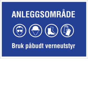 Påbudsskilt Anleggsområde – bruk påbudt verneutstyr i aluminium, reflekterende utførelse, 40x30 cm