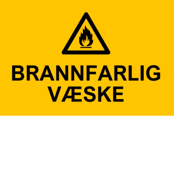 Advarselsskilt Brannfarlig væske i 30×20 cm. Tilgjengelig i PVC og alu-plate.