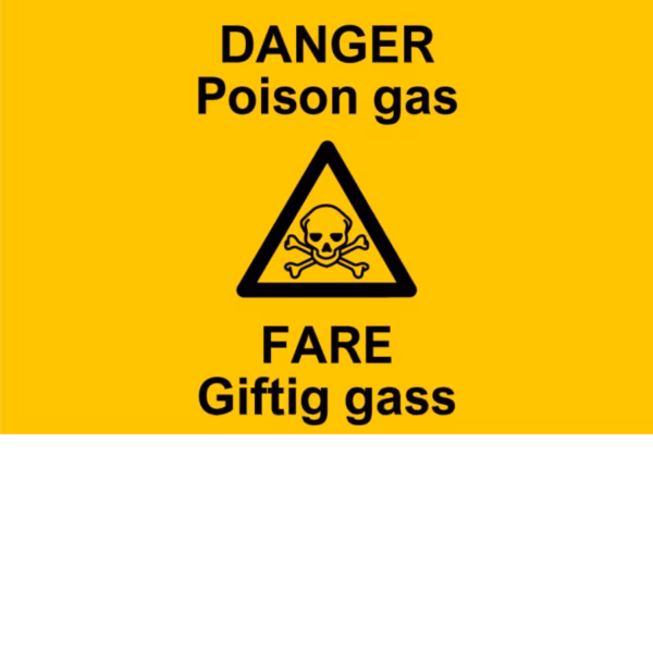 Advarselsskilt Fare – giftig gass i aluminium, 30x20 cm