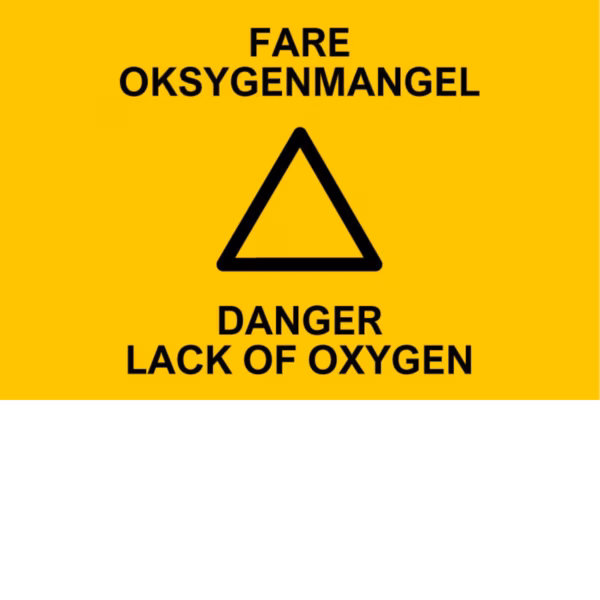 Advarselsskilt Fare – oksygenmangel i aluminium, 30x20 cm