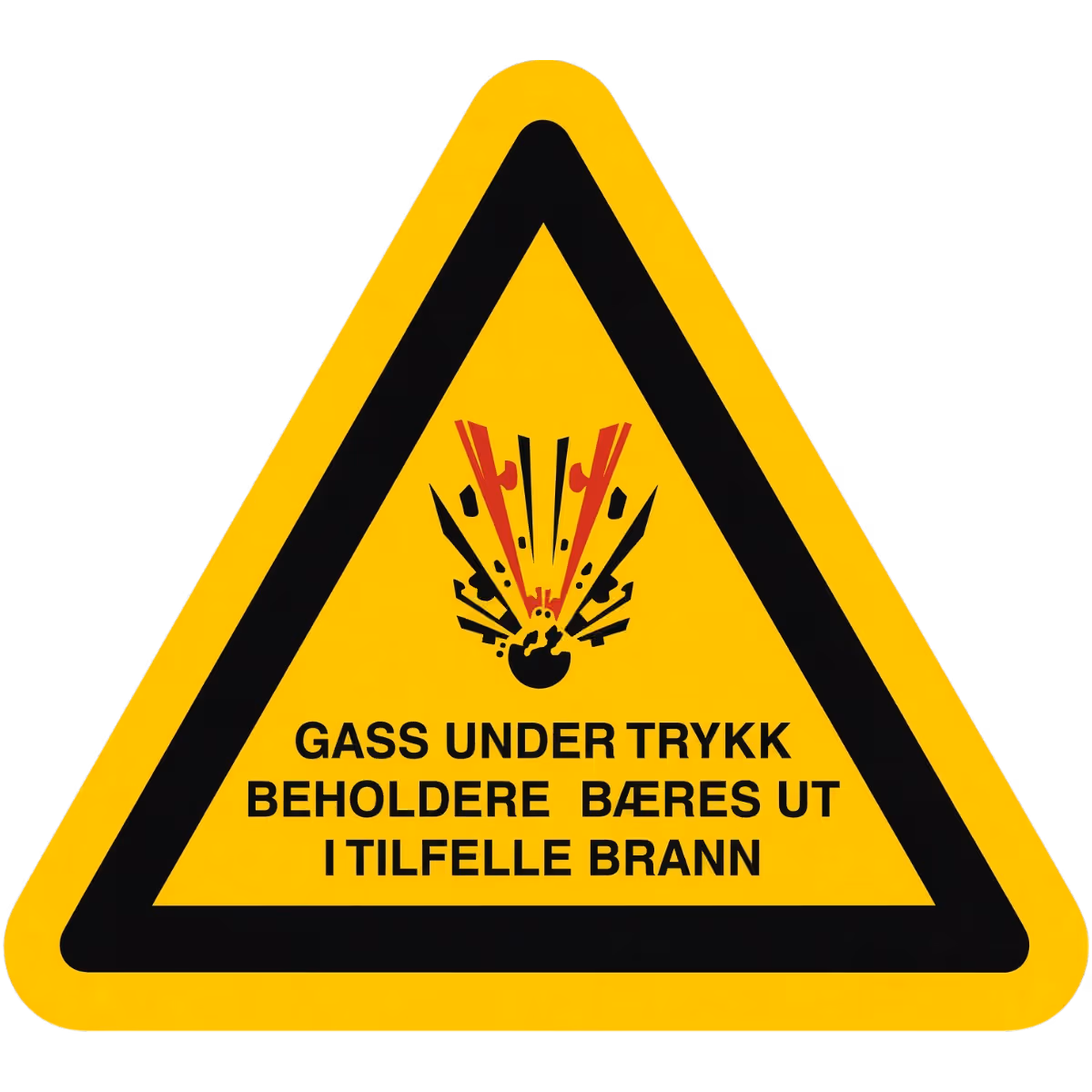 Trekantet selvklebende advarselsskilt Gass under trykk, beholdere bæres ut i tilfelle brann, aluminium, 21x21x21 cm
