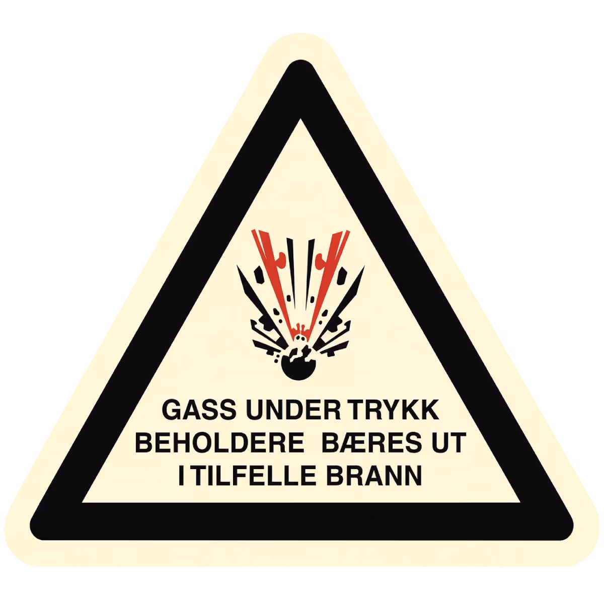 Trekantet etterlysende advarselsskilt Gass under trykk, beholdere bæres ut i tilfelle brann, aluminium, 21x21x21 cm