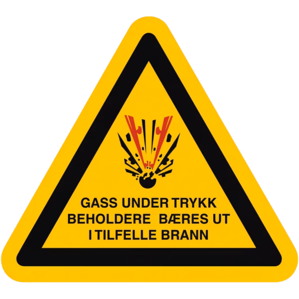 Trekantet advarselsskilt Gass under trykk, beholdere bæres ut i tilfelle brann, aluminium, etterlysende utførelse