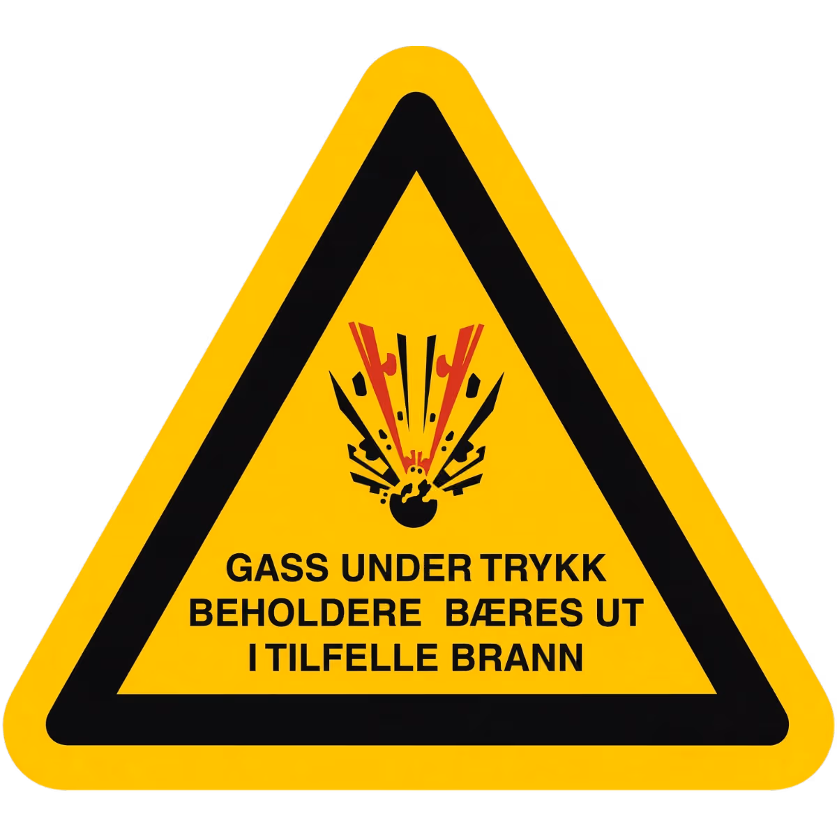 Trekantet advarselsskilt Gass under trykk, beholdere bæres ut i tilfelle brann, aluminium, etterlysende utførelse
