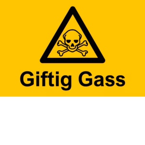 Advarselsskilt Giftig gass i aluminium, 20x30 cm