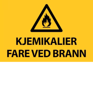 Advarselsskilt Kjemikalier – fare ved brann i 30×20 cm. Tilgjengelig i PVC og alu-plate.