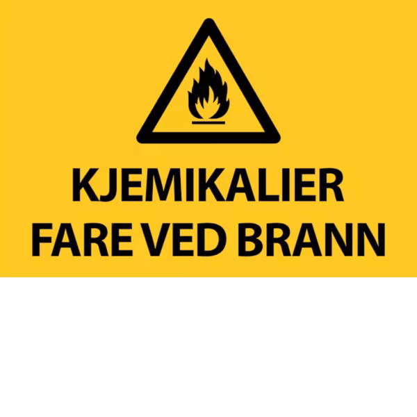 Advarselsskilt Kjemikalier – fare ved brann i 30×20 cm. Tilgjengelig i PVC og alu-plate.