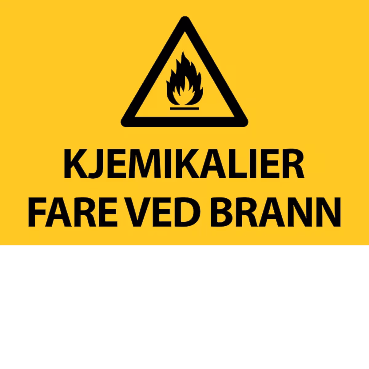 Advarselsskilt Kjemikalier – fare ved brann i 30×20 cm. Tilgjengelig i PVC og alu-plate.