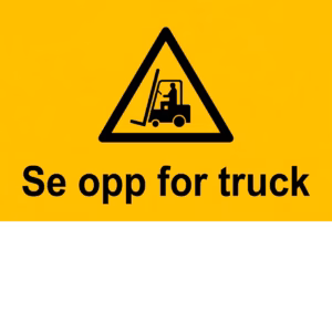 Produktbilde av advarselsskilt med teksten Se opp for truck i størrelse 30×20 cm. Bildet viser variant i aluminium. Skiltet er tilgjengelig i PVC og aluminium. Designet for profesjonell bruk i industri, lagre og anlegg der trucktrafikk utgjør en risiko.