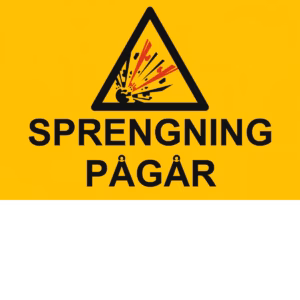 Advarselsskilt Sprengning pågår i aluminium, 30x20 cm