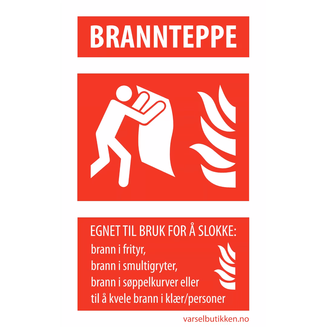 Brannteppe-skilt 12,5x20 cm med piktogram og brukstekst for slokking, rødt brannskilt