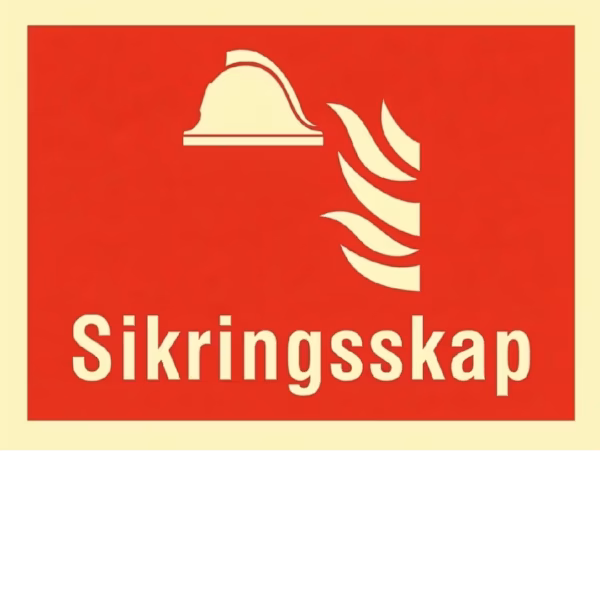 Etterlysende sikringsskap-skilt, rødt skilt med brannhjelm og teksten Sikringsskap, 20x15 cm
