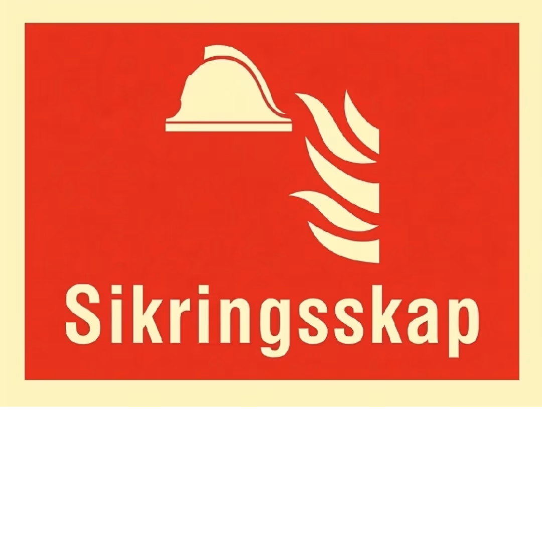 Etterlysende sikringsskap-skilt, rødt skilt med brannhjelm og teksten Sikringsskap, 20x15 cm