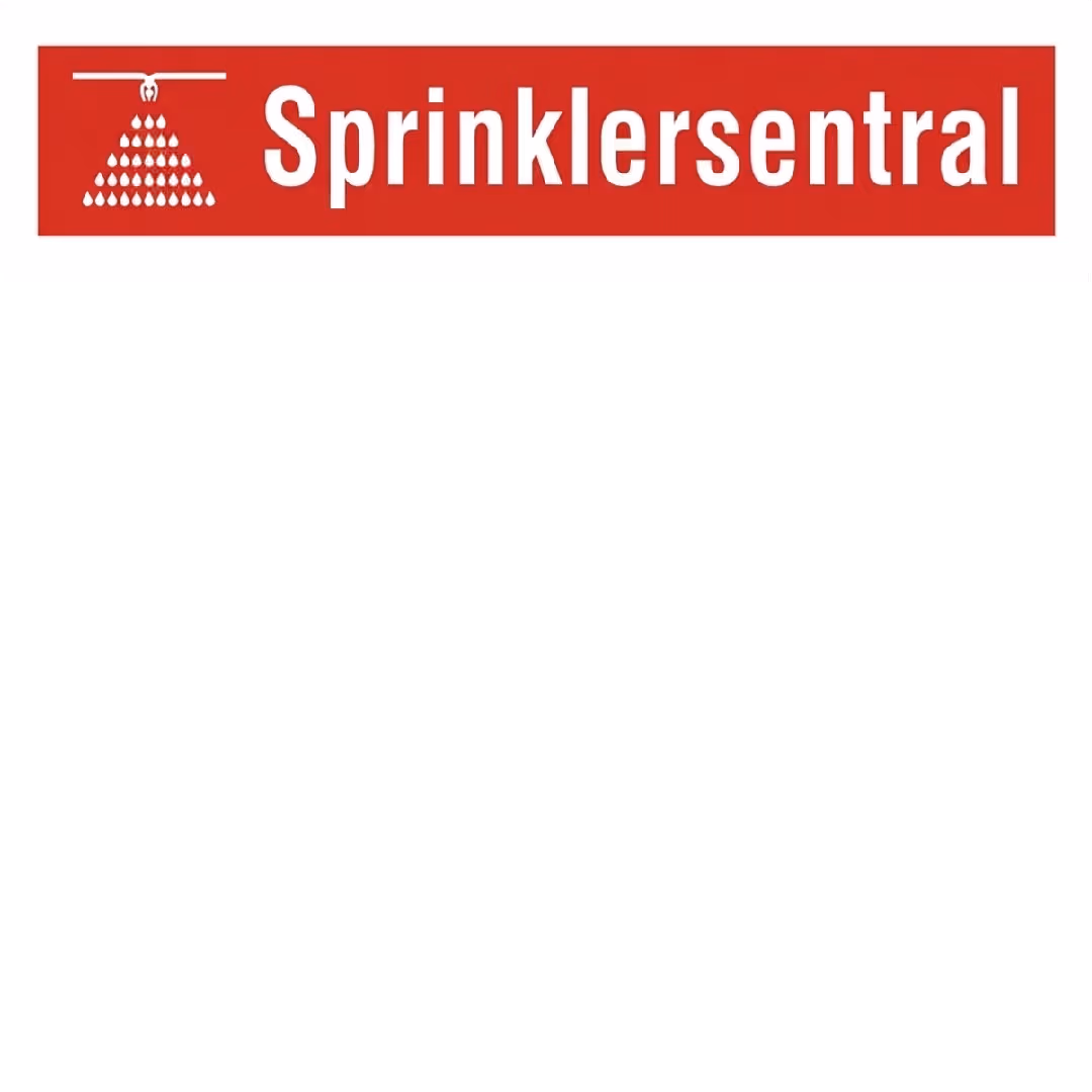 Sprinklersentral-skilt, rødt rektangel med sprinkler-symbol og teksten Sprinklersentral, 33x7 cm