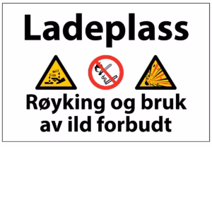 Forbudsskilt Ladeplass – røyking forbudt i 30×20 cm. Tilgjengelig i PVC og alu-plate.