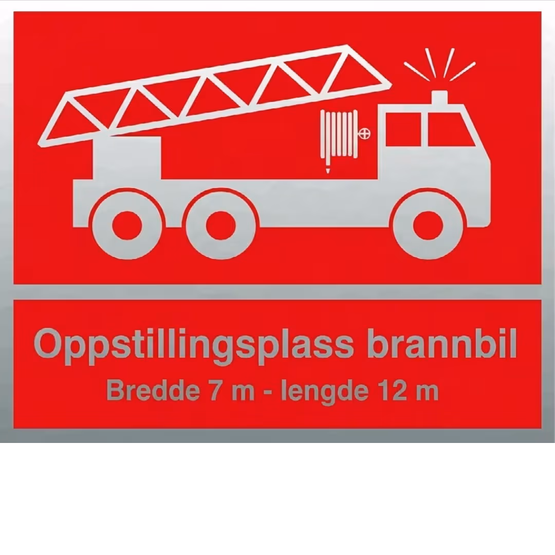 Reflekterende oppstillingsplass brannbil, hvitt skilt med rød ramme, rød brannbil og rød tekst, 50x40 cm