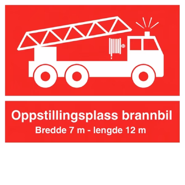 Oppstillingsplass brannbil, hvitt skilt med rød ramme, rød brannbil og rød tekst, 50x40 cm