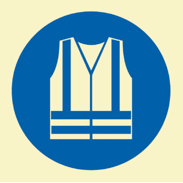 Etterlysende IMO-skilt High Visibility Clothing, blått påbudsskilt med synlighetsvest, 15x15–40x40 cm