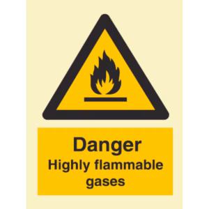Advarselsskilt Fare – svært brannfarlige gasser (Danger Highly Flammable Gases)