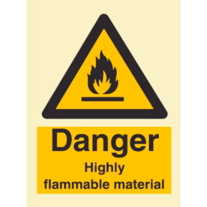 Advarselsskilt Fare – svært brannfarlig materiale (Danger Highly Flammable Material)