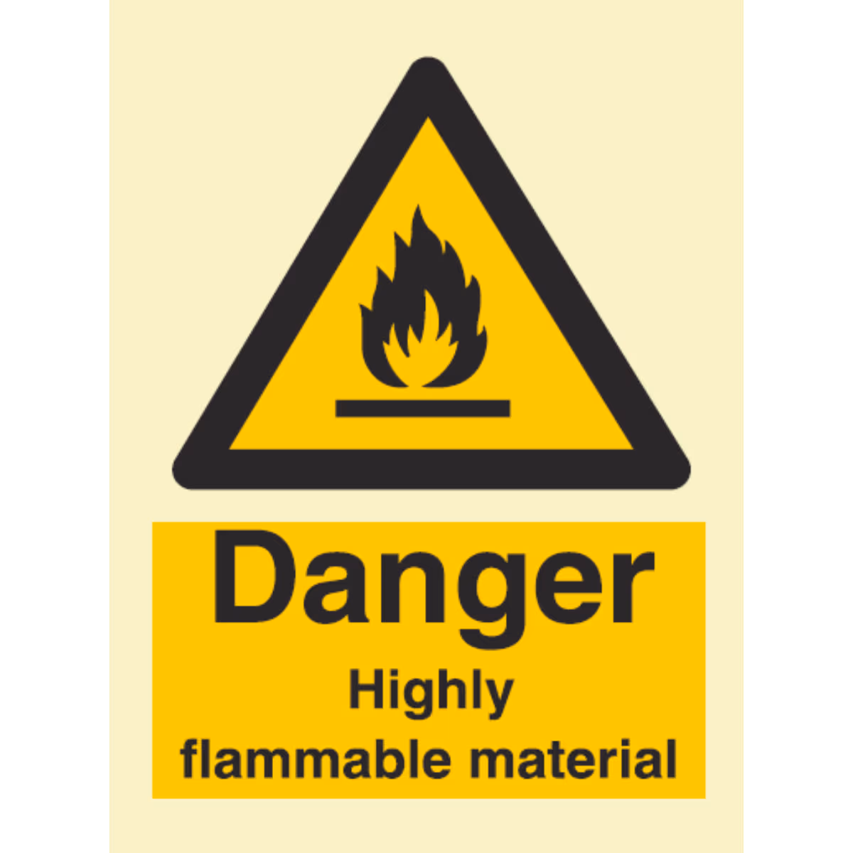 Advarselsskilt Fare – svært brannfarlig materiale (Danger Highly Flammable Material)