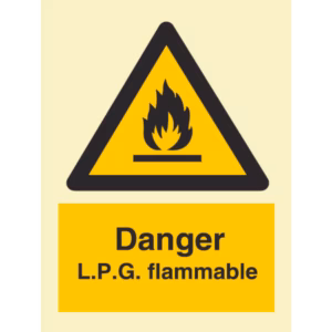 Advarselsskilt Fare – LPG brannfarlig (Danger LPG Flammable)