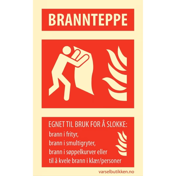 Etterlysende brannteppe-skilt 12,5x20 cm med piktogram og brukstekst for slokking