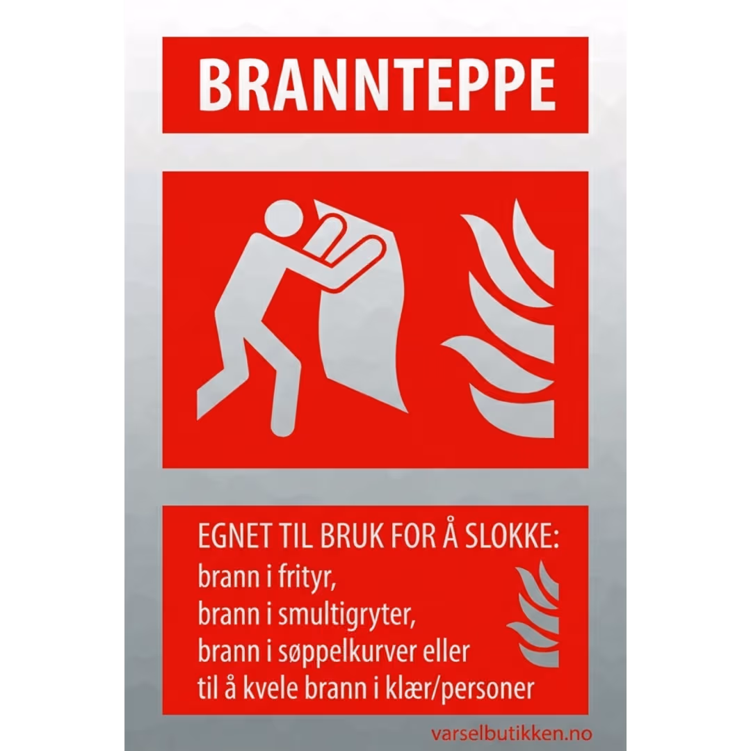 Reflekterende brannteppe-skilt 12,5x20 cm med piktogram og brukstekst for slokking