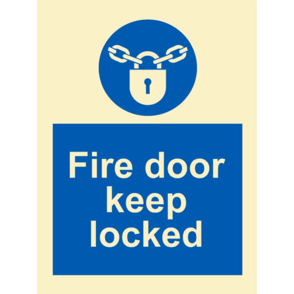Instruksjonsskilt Branndør – holdes låst (Fire Door Keep Locked)