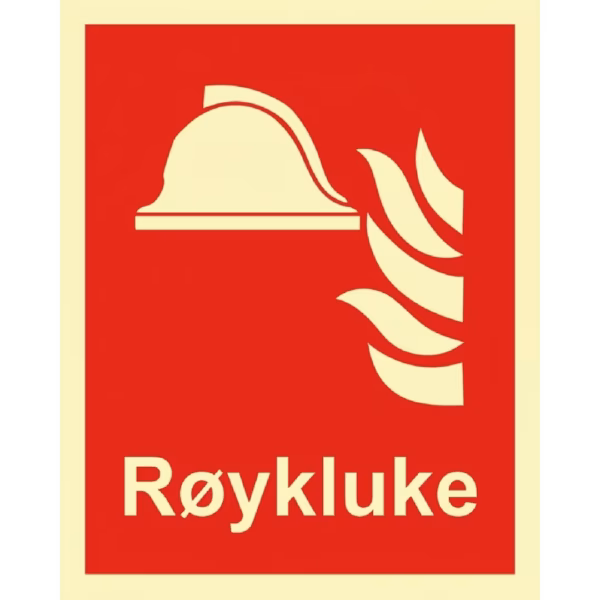 Etterlysende røykluke-skilt, rødt skilt med brannhjelm og teksten Røykluke, 15x20 cm