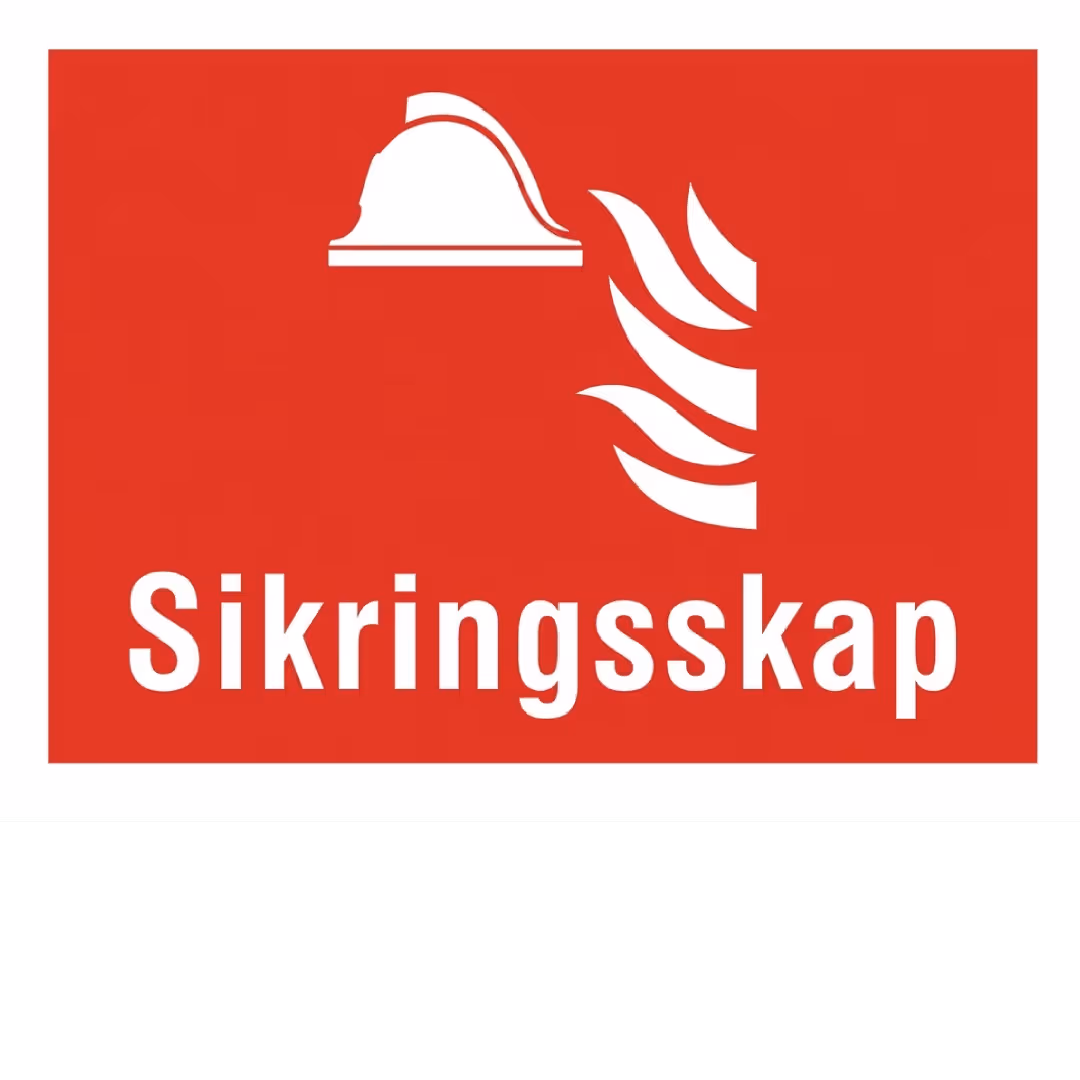 Sikringsskap-skilt, rødt skilt med brannhjelm og teksten Sikringsskap, 20x15 cm