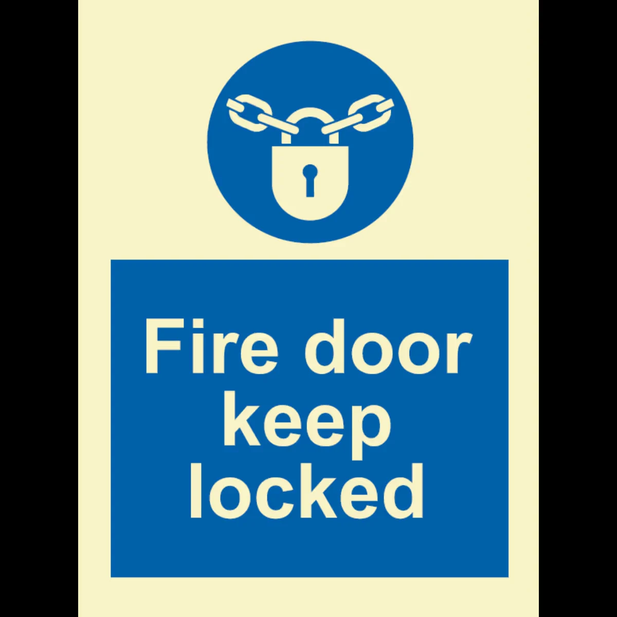 Instruksjonsskilt Branndør – holdes låst (Fire Door Keep Locked)