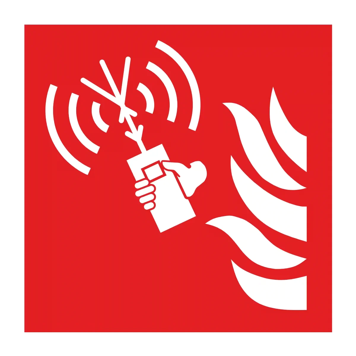 Lokasjonsskilt Brann-nødradio (Fire Emergency Radio) i aluminium, etterlysende utførelse, tilgjengelig i størrelser 15x15 cm til 40x40 cm