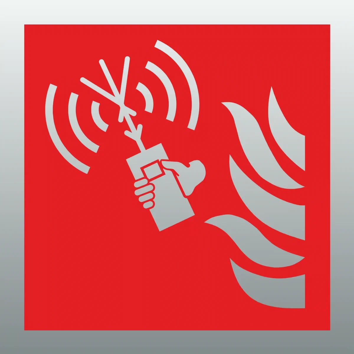 Lokasjonsskilt Brann-nødradio (Fire Emergency Radio) i aluminium, etterlysende utførelse, tilgjengelig i størrelser 15x15 cm til 40x40 cm