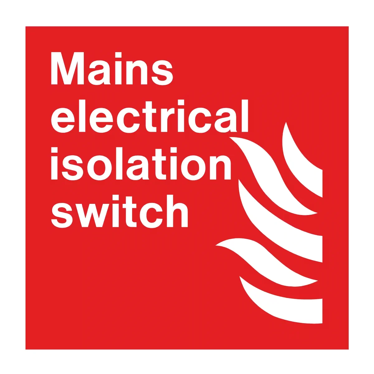Lokasjonsskilt Hovedstrømbryter (Mains Electrical Isolation Switch) i aluminium, etterlysende utførelse, tilgjengelig i størrelser 15x15 cm til 40x40 cm