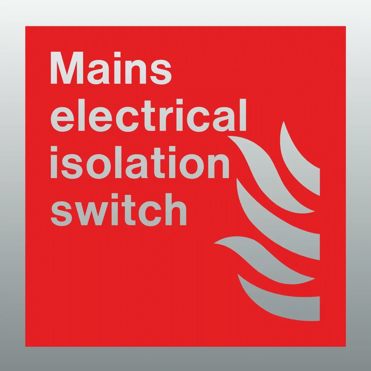 Lokasjonsskilt Hovedstrømbryter (Mains Electrical Isolation Switch) i aluminium, etterlysende utførelse, tilgjengelig i størrelser 15x15 cm til 40x40 cm